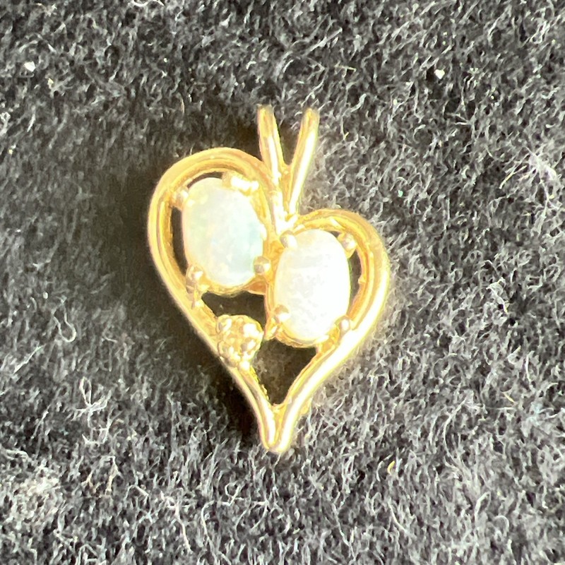 Vintage Double Opal and Diamond 14k Yellow Gold Heart Pendant 