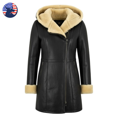 Women s Black Real Sheepskin Leather Jacket Shearling Fur Winter Hooded Coat