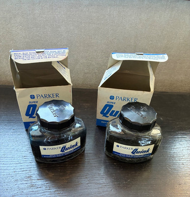 Vintage X2 Parker Quink Tinte Original Flasche und Box beide halb voll blau/schwarz