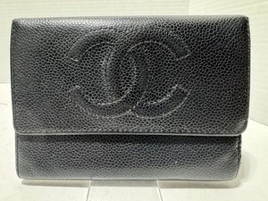 CHANEL Vintage Black Caviar Leather Timeless CC Logo Trifold Coin Purse Wallet