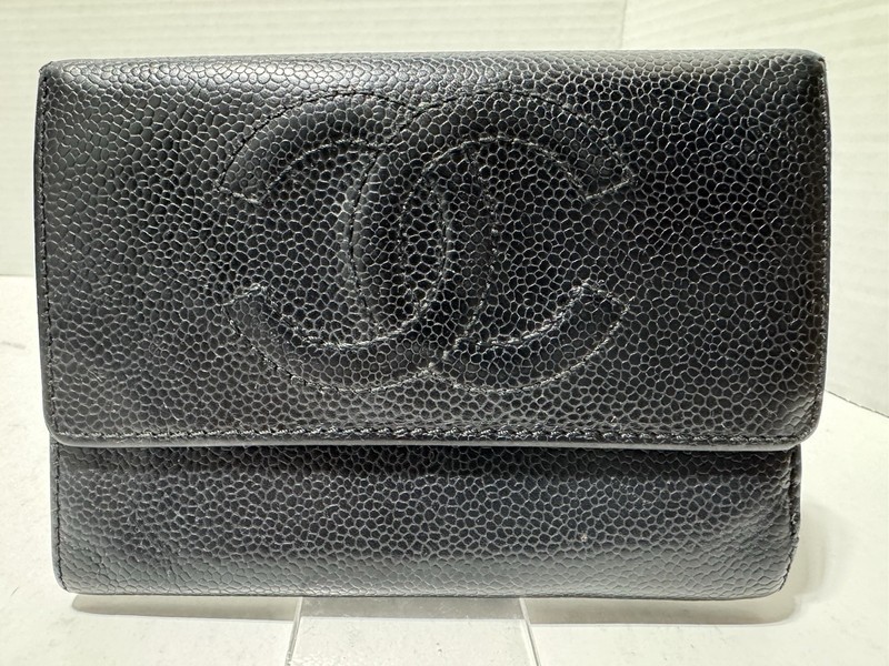 CHANEL Vintage Black Caviar Leather Timeless CC Logo Trifold Coin Purse Wallet