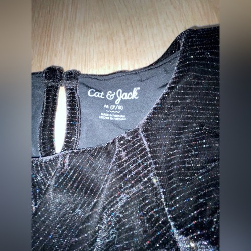 Cat & Jack Black Sparkly Pinstriped Ruffled Velvet Dress Girl’s size M 7/8 - Picture 2 of 5
