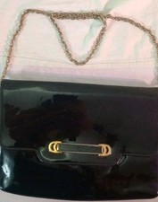 Vintage Mardane USA Black Patent Leather Double Clutch With Cross Body Chain
