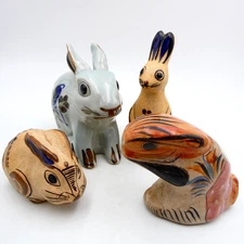 Collection of 4 Mexican Rabbit Hand Made Ceramic Tonala Figurines Folk Art