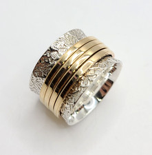925 Sterling Silver Spinner Ring 4 Brass Fidget Rings Chunky 15mm Wide sz 9