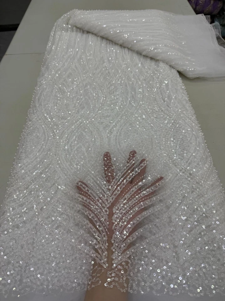 YQOINFKS Novia Cuentas Mujeres Nuevo Lentejuelas Tela Tul Encaje Bordado Malla 5 Yardas Foto 3 de 4