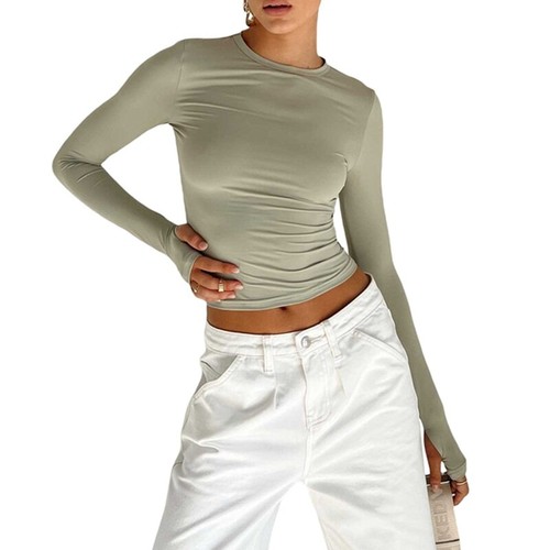 Spring T-Shirt Long Sleeve Crew Neck Slim Fit Ladies Crop Top with Thumb Holes - Picture 12 of 32