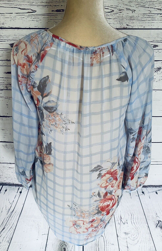 Women’s XS Blouse LC Lauren Conrad Floral Checkered Sheer 3/4 Sleeves Silky - Picture 5 of 11