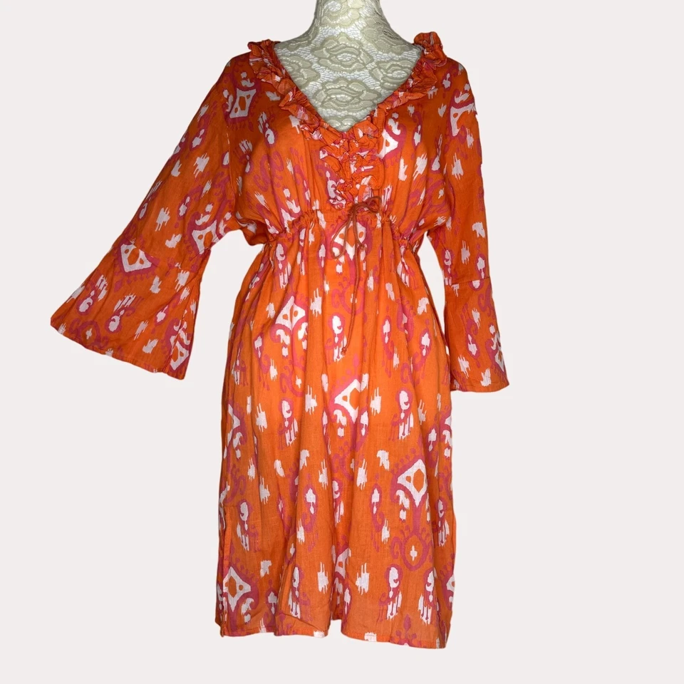 Mud Pie Bag Lady Tribal Linen Cinch Ruffle Mini Dress Tunic Orange S bv - Image 2 of 4