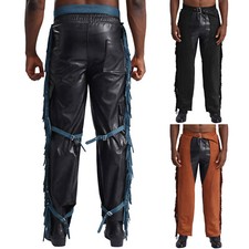 Mens Cowboy Pants Suede Cosplay Costume Hollow Out Trousers Tassels Clubwear