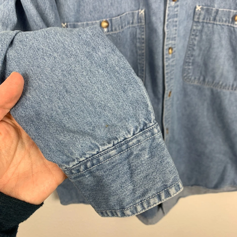 Vintage America Perry Ellis Denim Jean Solid Cotton Button Up Shirt Medium - Image 3 of 4