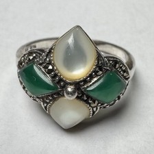 NF Sterling Silver 925 Green Onyx Mother Pearl Marcasite Ring Sz 9.5