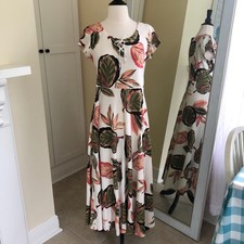 Chaps A Line Maxi Dress Medium Palm Leaf Print Lace Up Neck Cotton Tropical