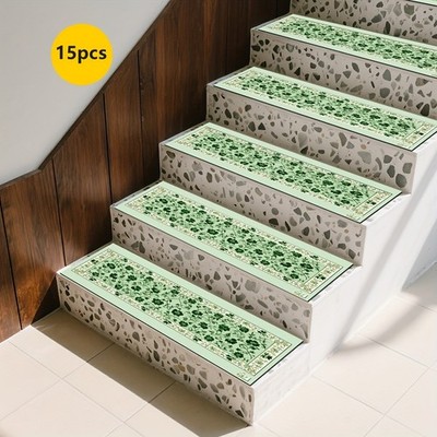 15pcs of Green Floral Patterned Stair Anti-Slip Mats, Non-Slip Stair Carpets,