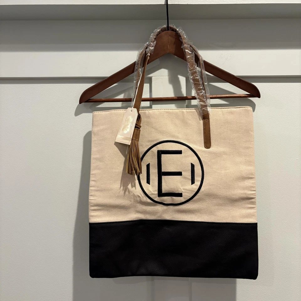 Bolso de Mano Mud Pie Chelsea Initial E Mujer Grande Crema Negro Imitación Cuero Lona Foto 2 de 4