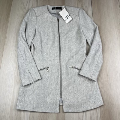 Zara Full Zip Frock Coat Women s Size L Large Light Gray NWT