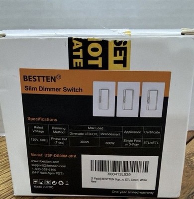BESTTEN Dimmer Switch 3 Pack LED/Halogen/Incandescent Single-Pole or 3-Way NEW