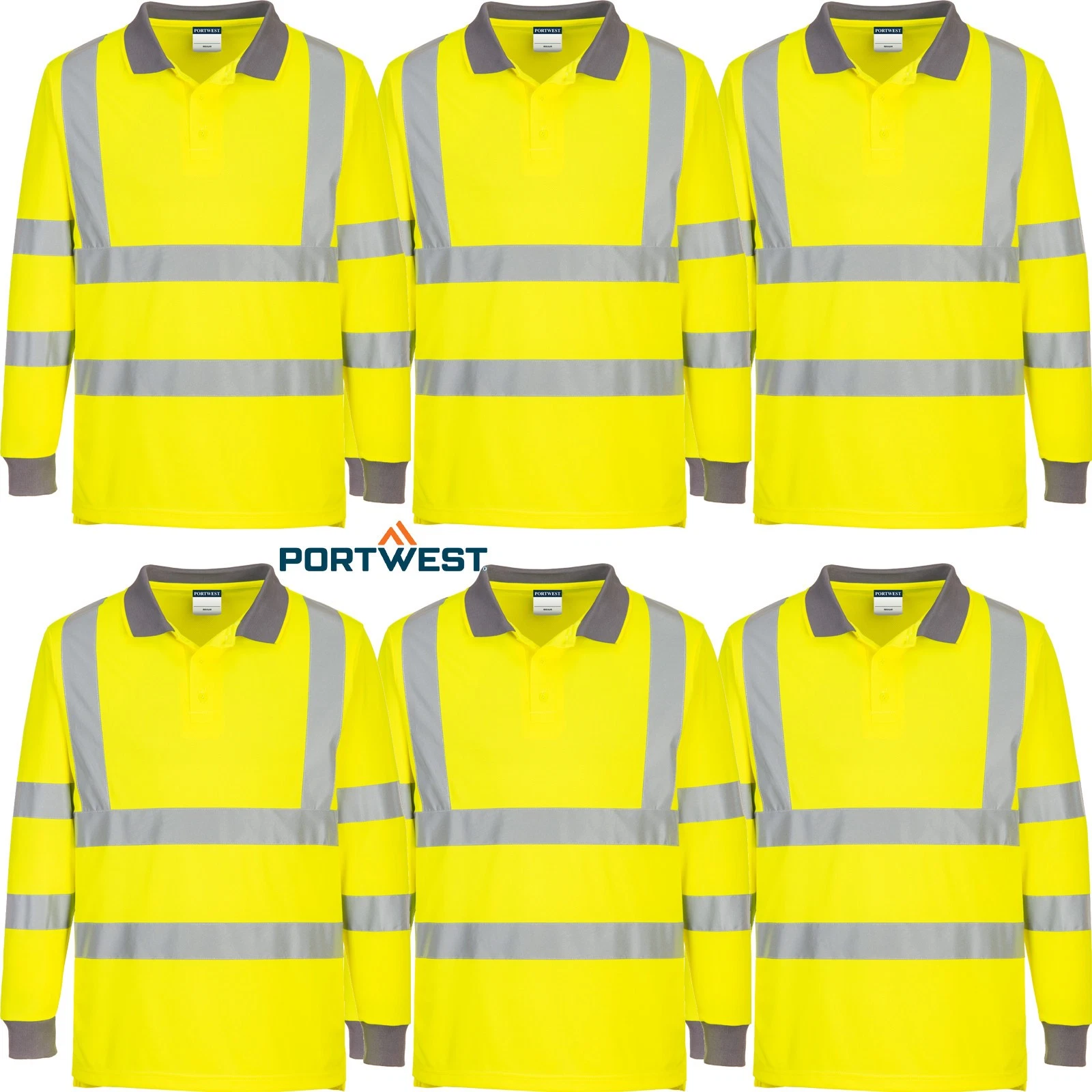 6pcs Portwest Eco Hi Vis Polo Long Sleeve Shirt Work Safety Reflective Tape Bulk
