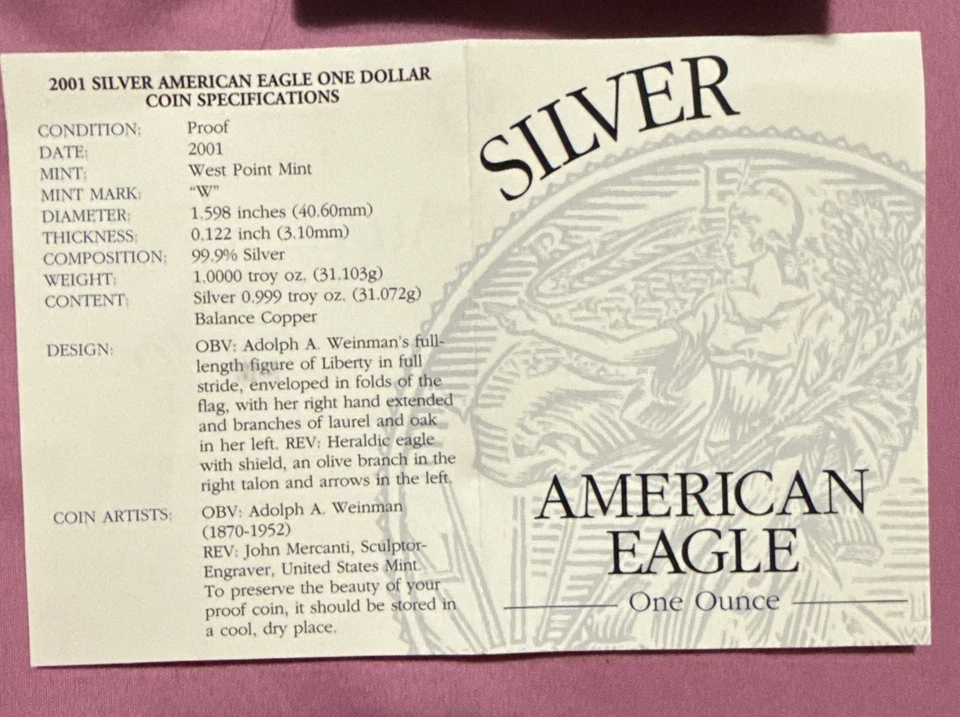 Lingotes American Silver Eagle 2001-W prueba $1 como nuevos en Estados Unidos OGP y certificado de autenticidad Foto 3 de 4