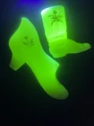 Vintage Hand Painted Fenton Green Satin Frosted Shoe Boot Floral Uranium Glass