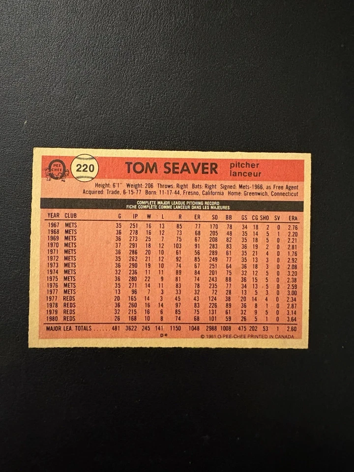 1981 MLB O-Pee-Chee Baseball #220 TOM SEAVER HOF NRMT CENTERED! SHARP - Image 2 of 2