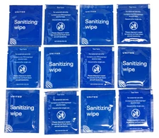 12 SANITIZING WIPES UNITED AIRLINES NEW UNUSED SEALED TRAVEL 70% ISOPROPYL WIPES