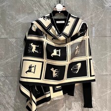 Black  Cream Equestrian Horse Print Woven Blanket Scarf Shawl Wrap Stole