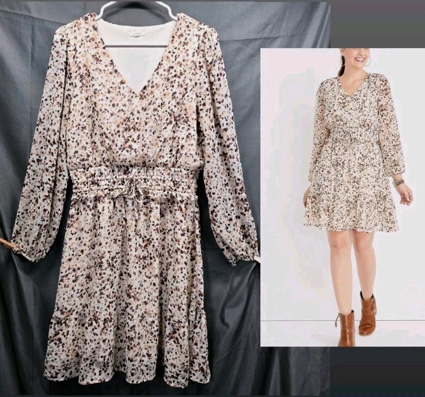 Maurices Floral Beige/Tan Smocked Dress Women’s Large Knee Length V-Neck Chiffon
