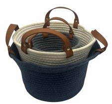 Round Cloth Woven Baskets Set Of 3 Faux Leather Handles Gray Cream Blue READ