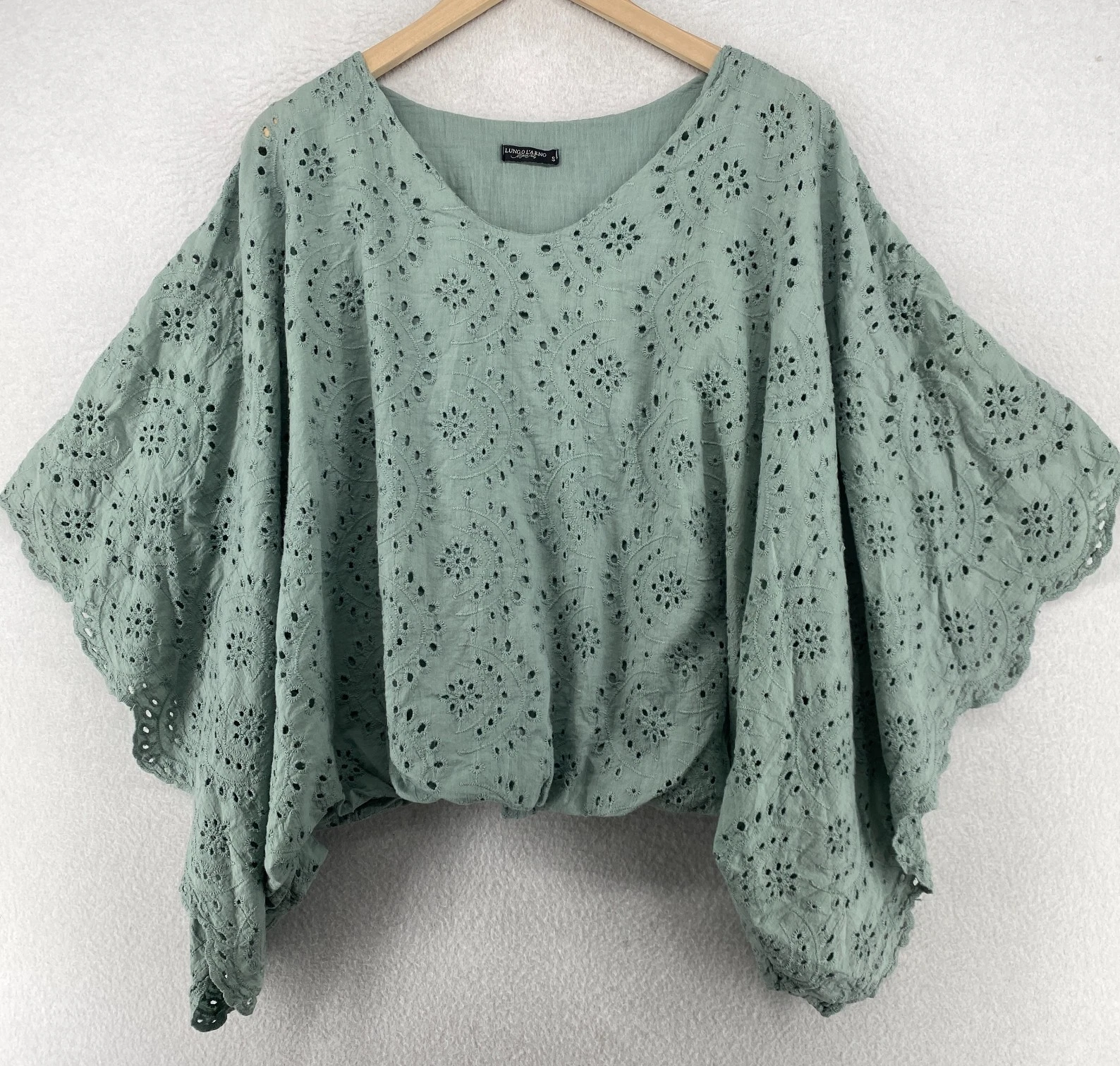 LUNGO LARNO Top S Eyelet Poncho Kaftan Cropped Blouse Cotton Green Italy