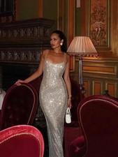 Silver Sequin Sling Maxi Dress Backless Bodycon U-Neck Sparkle Formal Gown
