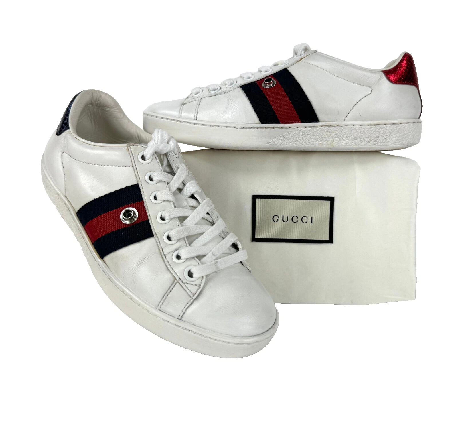 Gucci femmes Auth 4 US 34 EU Ace cuir blanc toile lot top baskets chaussures
