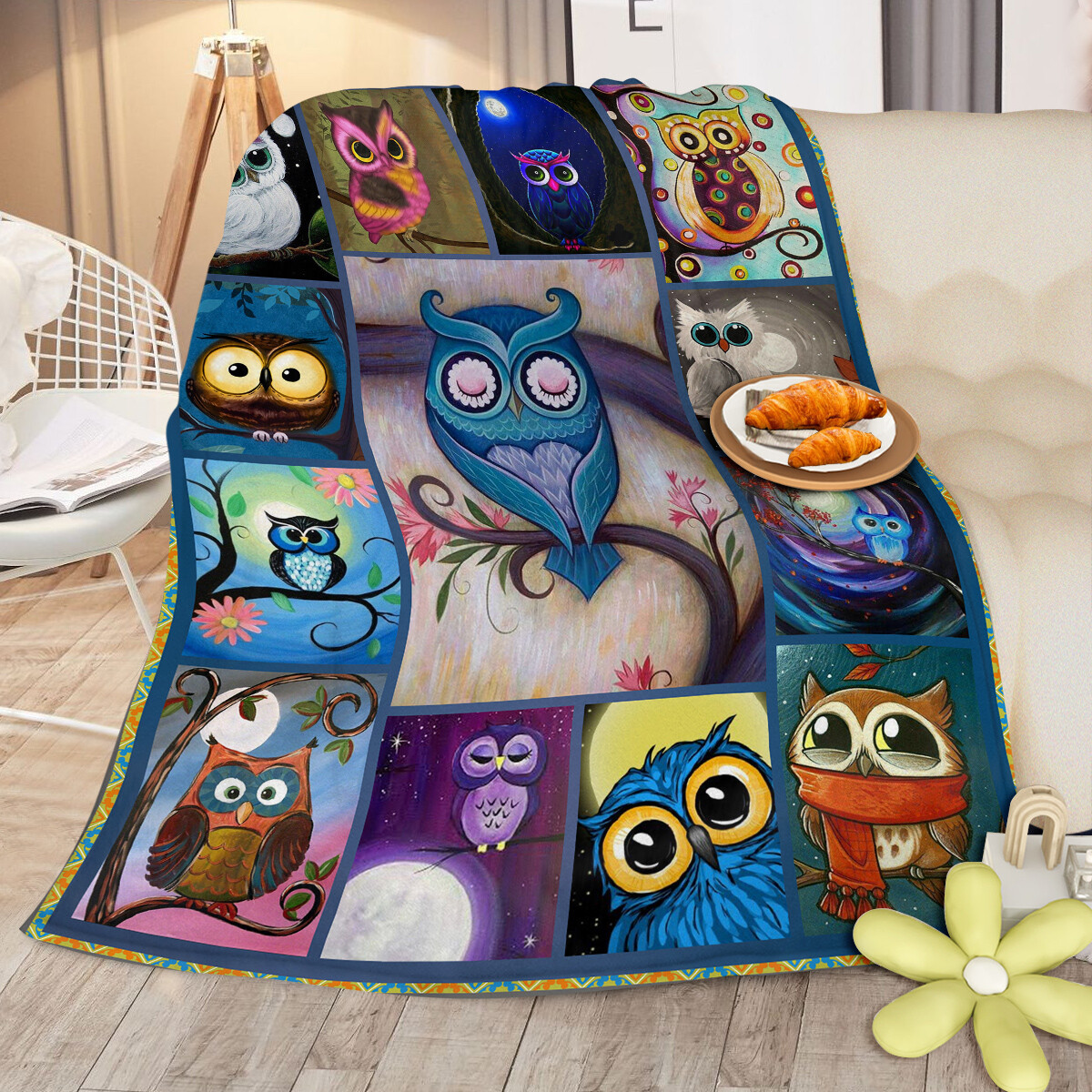 30"x40" Throw Blanket Warm Moon Owl Flannel Fleece Blanket Cozy For Sofa Bed