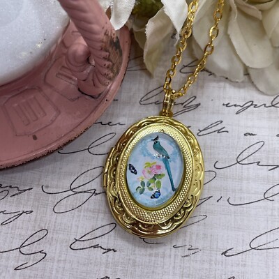 Easter Gold Bird Jay Blue Butterfly Locket Necklace Pendant Wedding Mothers Day