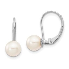 6-7mm 14K White Gold 6-7mm Round White Cultured Akoya Pearl Leverback Earrings