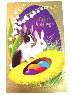 Early 1900's Nash EASTER GREETINGS Gold Foil Embossed Postcard Two Rabbits Eggs