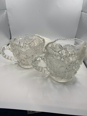 Creamer and Sugar Set Vintage Cut Glass Heavy Crystal Set Sawtooth Edge