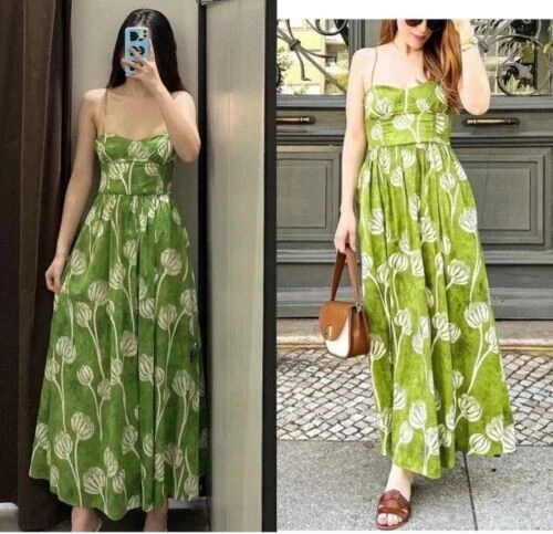 Zara floral top print dress green