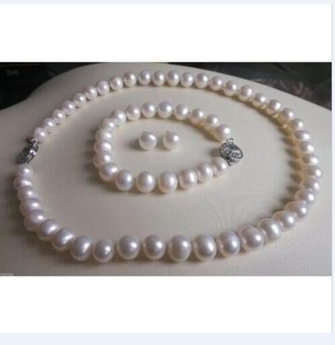 HOT AAAA 9-10MM AKOYA WHITE PEARL NECKLACE BRACELET EARRING SET 925s