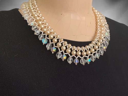 Vintage Japanese Faux Pearl Aurora Borealis Collar Necklace Dangles - Picture 2 of 10