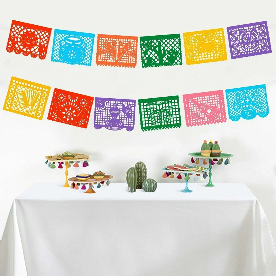 Paquete de 3 pancartas mexicanas de plástico papel picado pancartas grandes fiesta fiesta pancartas decoración Foto 2 de 4