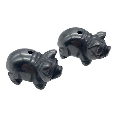 Oink 2 Carved Hematite Pig Animal Beads | 21x13x9.5mm | Silvery Grey