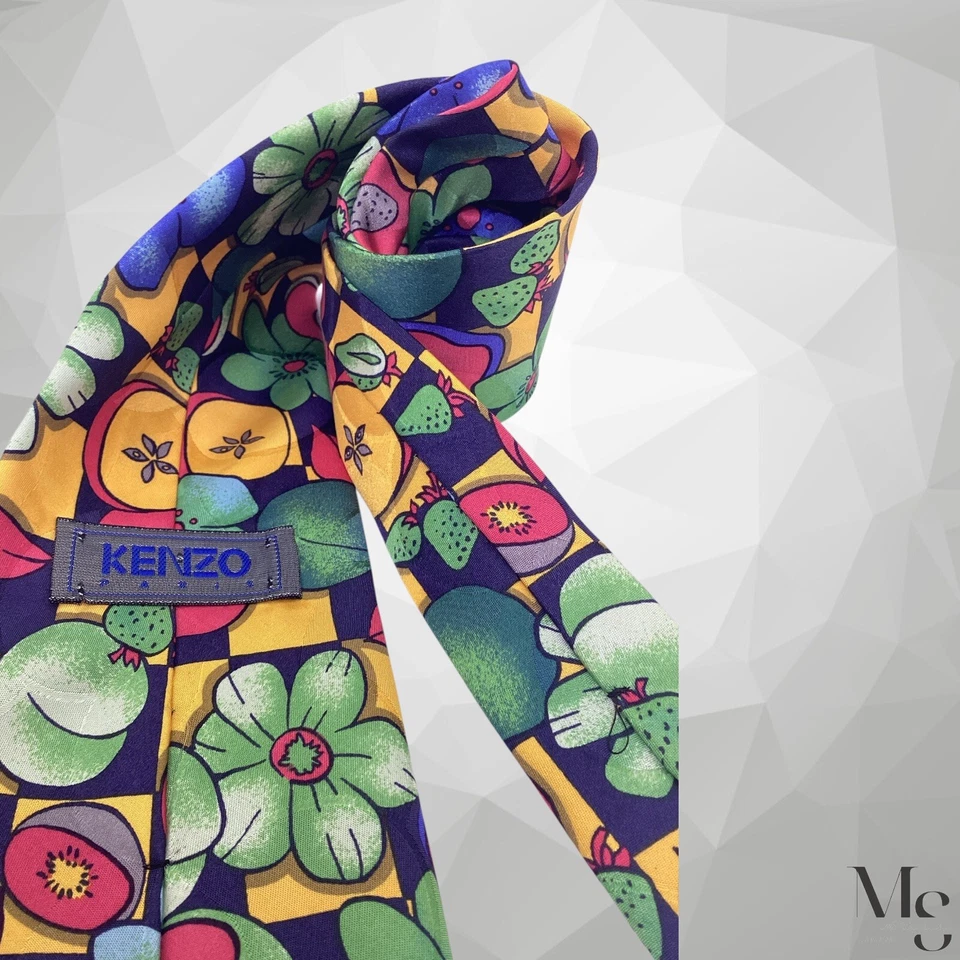 Corbata de seda multicolor KENZO PARIS flor y fruta hecha en Italia con: 4" EX ESTADO Foto 4 de 4