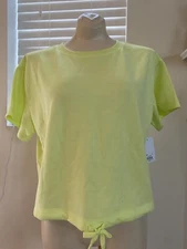 NWT Tek Gear Stretch Womens LARGE Neon Yellow Short Sleeve Cinched Waist Top