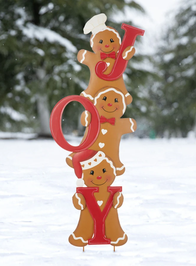 Outdoor Christmas Gingerbread Man Yard Stake Metal Sign JOY Lawn Decor