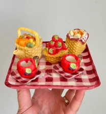 Miniature Tea Set Mini Picnic Blanket Fruit Basket Dollhouse Teacup Figurine