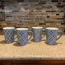 Over And Back 14 Oz Blue & White Embossed Star Mugs Set Of 4