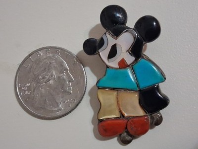 Zuni Vintage Sterling Silver Inlay Mickey Mouse Pin & Pendant by