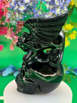 3.24LB Natural Obsidian Quartz Carved Flying creature Skull Crystal Decor