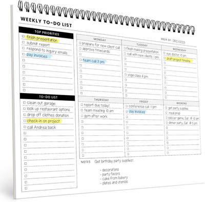 Weekly to Do List Spiral Planner Pad - 8.5X11 52 Sheets - Desk Notepad with Mult